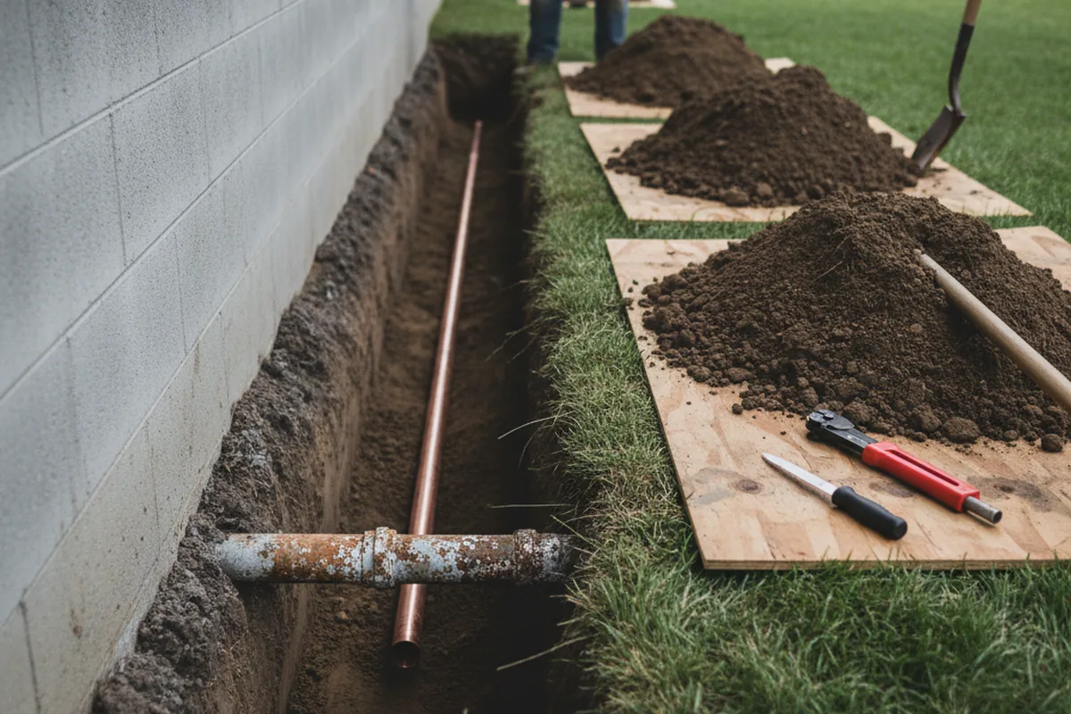 Excavated water line trench during Sewer Line Repair in Dimondale